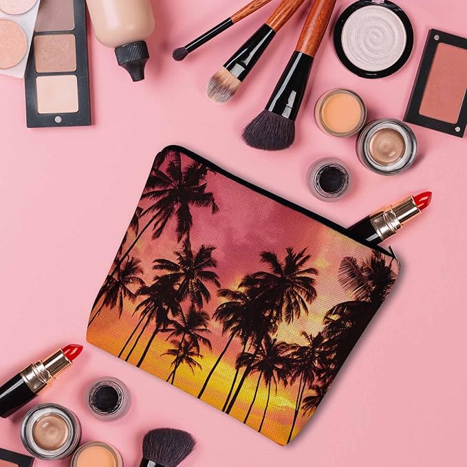 Tropical Beach Makeup Bags Makeup Organizer, Hawaii Ocean Beach Palm Trees Sunset Flax Toiletry Bags Travel Cosmetic Bag Makeup Purse Pouch Skincare Bag Wallet Bags For Women Female Mom