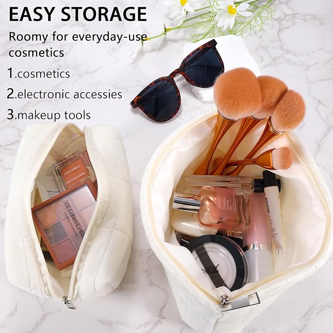 ZLFSRQ 2Pcs Makeup Bag for Women Trendy Large Capacity Cosmetic Bags Plush Pencil Case White Checkered Pouch for Purse Coquette Zippered Toiletry Bag Organizer Y2K Aesthetic Pencil Pouch
