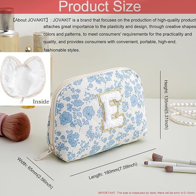 JOVAKIT Conch Alphabet Makeup Bag Cosmetic Bag for Women, Christmas Gifts for Women Girls, Blue Floral Coquette Travel Bag, Zipper Make Up Pouch Organizer Trendy Stuff (Blue Floral E)