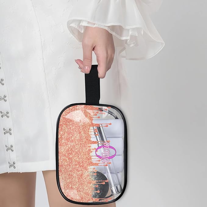 Custom Name Makeup Bag Travel Bag, Clear Toiletry Bag Travel Large Capacity Cosmetic Container Organizer for Shampoo, Glittering Orange Curtain Bling