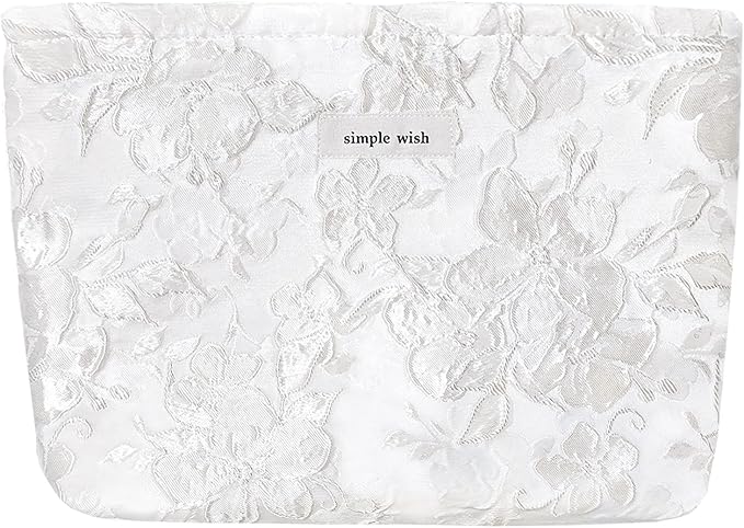 STARDW Aesthetic Floral Makeup Bag Cute Small Cosmetic Bags for Women Girls, Travel Toiletry Bag Large Capacity Zipper Makeup Pouch, Purse Organizer Pouches (Embossed white)