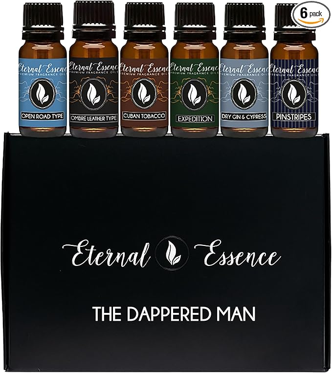 Eternal Essence Oils Dappered Man/Gentlemen Set of 6 Premium Fragrance Oils - Includes Cuban Tobacco, Dry Gin & Cypress, Expedition, Ombré Leather Type, Open Road Type, Pinstripes Scented Oils - 10ML