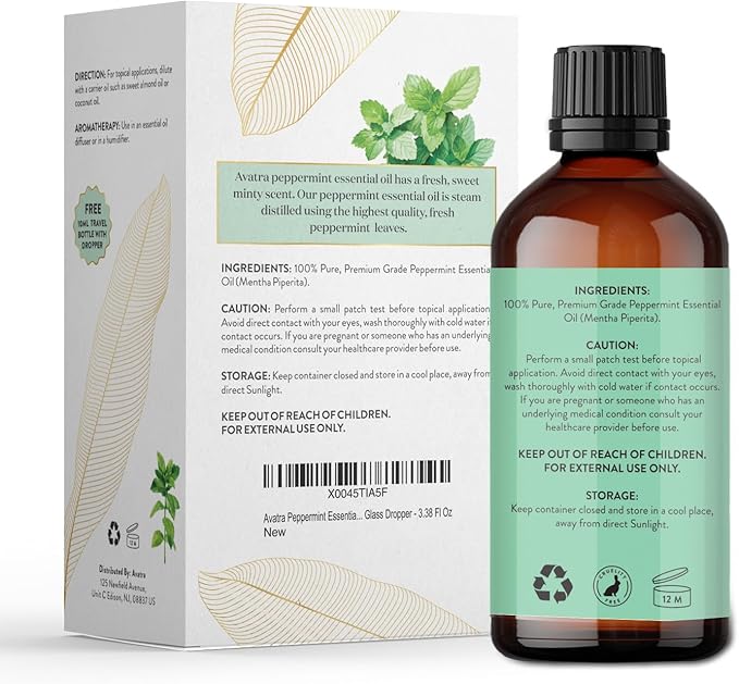 Avatra Peppermint Essential Oil 100ML (3.38 OZ) with Glass Dropper and Travel Bottle, Pure and Natural Therapeutic Grade Peppermint Oil for Diffuser, Aromatherapy, Massage, and DIY Candle Products