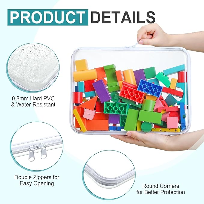 Sanwuta 6 Pcs Clear Hard Zipper Case Hard Plastic Zipper Pouches Makeup Bag Pencil Pouches Transparent Cases for Snacks Plastic Storage Organizer Box for Travel(White,12.6 x 9 x 2 Inch)