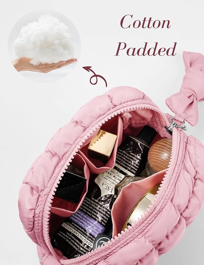 Yarnic Quilted Makeup Bag Cosmetic Bag, Quilt Cosmetic Pouch Puffy Travel Toiletry Bags for Women, Cute Makeup Bag Organizer Soft Puffer Makeup Pouchs (S, Pink)