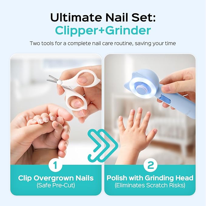COSLUS Baby Nail Trimmer Electric: Gentle Baby Nail File with Quiet Design & 360° Light - Safe for Sleep Trim Grind, 16 in 1 Cute Nail Clipper Kit for Newborn Infant Toddler, C50, Blue