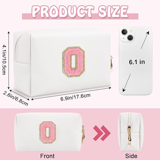 Small Cute Initial Preppy Makeup Bag, Personalized Cosmetic Zipper Pouch Chenille Letter Toiletry Bags for Traveling, Waterproof PU Makeup Case Organizer Travel Essentials for Sister Friends(Letter O)