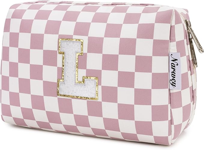 Narwey Birthday Gifts for Teen Girls Kids Women Personalized Initial Checkered Makeup Bag Pink Monogram Cosmetic Bag Trendy Stuff 6 8 10 11 12 13 14 16 18 Years Old Travel Toiletry Bag (Dusty Rose L)