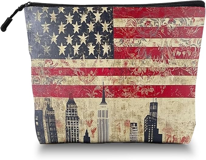 Cosmetic Bags Travel Makeup Toilet Case Waterproof Pouch for Women Girls 6.7X9.45inches - American Flag And Urban Skyline Fusion