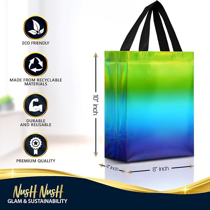 Nush Nush Holographic Gradient Gift Bags Medium Size - Set of 12 Reusable Green & Blue Gift Bags with Handles - Ideal Party Favor Bag for Kids birthday, Christmas, Thanksgiving, Return Gifts - 8x4x10