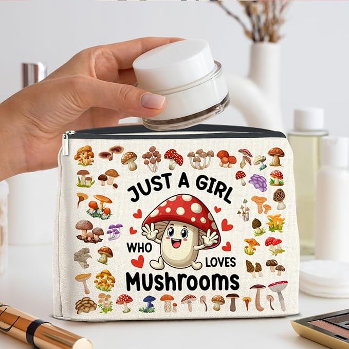 Mushroom Gifts Makeup Bag Mushroom Gifts for Women Teen Girls Sister Friend, Mushroom Lovers Gifts, Just a Girl Who Loves Mushrooms Zipper Makeup Pouch