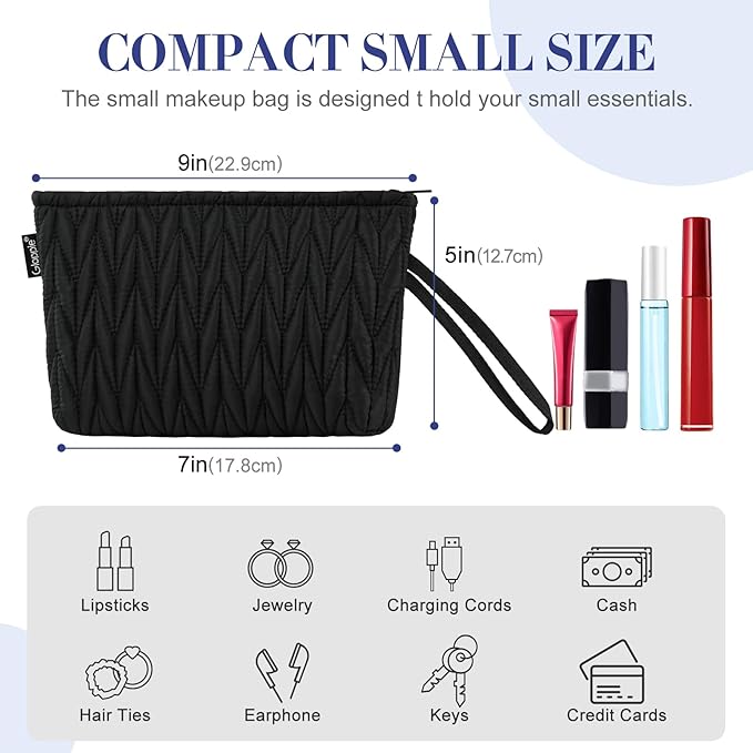 Gloppie Small Makeup Bag for Purse Portable Cosmetic Bag Puffy Padded Makeup Pouch Wristlet Pouch for Women Black
