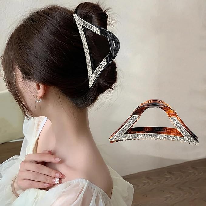 SINIDE Rhinestone Hair Clips, Triangle Crystal Claw Clips Nonslip Acrylic Metal Jaw Clip for Thick Long Hair, Fashion Elegant Clamps Accessories for Women Strong Hold Barrette for Styling (2 Pack)