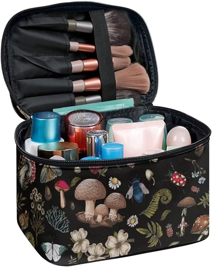 Dark Cottagecore Forest Mystical Moss Mushroom Print Makeup Travel Bag Portable Cosmetic Bags with Handle Travel Accessories Large Toiletry Bags for Traveling Women Organizer and Storage