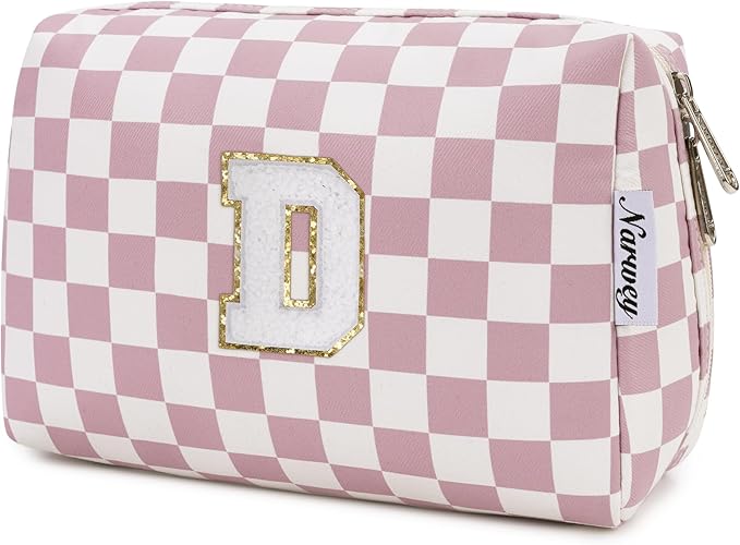 Narwey Birthday Gifts for Teen Girls Kids Women Personalized Initial Checkered Makeup Bag Pink Monogram Cosmetic Bag Trendy Stuff 6 8 10 11 12 13 14 16 18 Years Old Travel Toiletry Bag (Dusty Rose D)