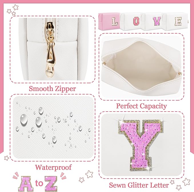 Initial Letter Patch Makeup Bag, Preppy Glitter Pouch Cosmetic Bag, Small PU Travel Toiletry Bag Zipper, Personalized Monogrammed Gift for Friends, Sisters & Teens (Y)