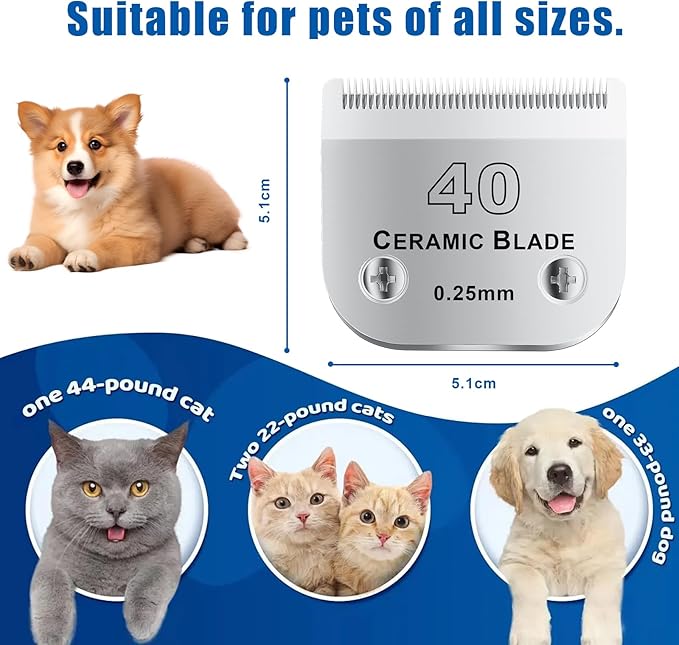 40# Detachable Pet Dog Grooming Clipper Ceramic Blade,Compatible with Andis Size 40 Cut Length 1/100"(0.25mm),Compatible with andis/wahl/Oster Dog Clippers 1PCS