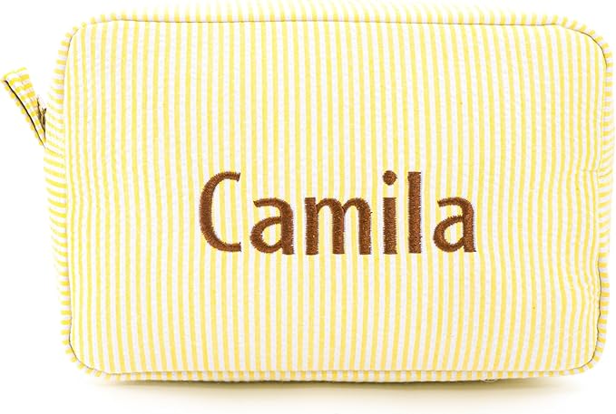 MT WORLD Cosmetic Bag Personalized Makeup Bag for Women Girls Seersucker Preppy Bridesmaid Makeup Bag Cute Aesthetic Toiletry Bag Girls Handbags Purses (Yellow)