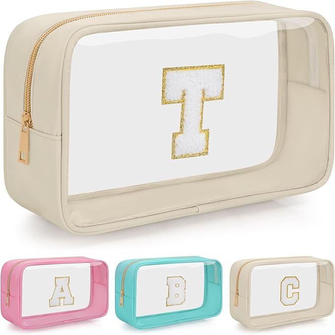 Personalized Initial Clear Makeup Bag, Travel Chenille Patch Cosmetic Bag, Preppy Toiletry Bag Monogram Cosmetic Pouch with Zipper, Ideal Gift for Teen Girls Women (Clear-Beige, T)