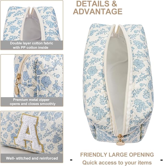 Gleyemor Personalized Initial Makeup Bag for Women, Cute Quilted Blue Floral Cotton Cosmetic Bag, Christmas Gifts for Her Mom Friend Sister Bridesmaid Teacher Women A