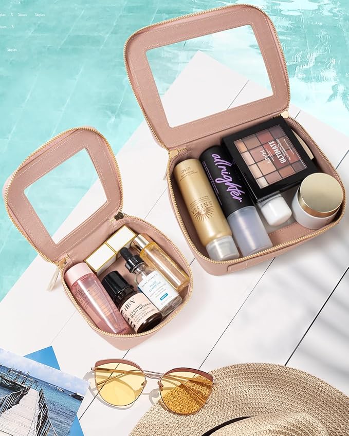 KOTORA Small Makeup Bag for Purse Cute Travel Makeup Bag Clear Cosmetic Bag with Zipper, Car Make Up Bag Organizer Storage Traveling Car Accessories Travel Essentials for Women (Nude Pink)