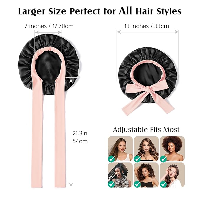 YFONG 100% 22 Momme Mulberry Silk Bonnet for Sleeping Women, Larger Double Layer Silk Hair Wrap for Curly Short Long Hair, Non-Slip Sleep Cap Turban with Elastic Tie Band (Pink & Black)