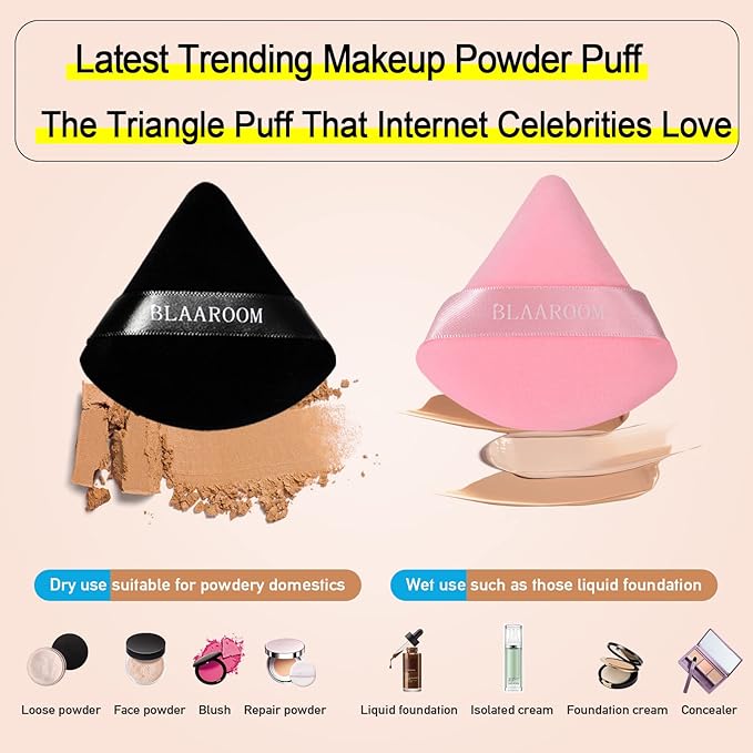 BLAAROOM 12 Pieces Velour Pure Cotton Powder Puff Face Makeup Triangle Powder Puffs for Loose Powder Wet Dry Cosmetic Foundation Beauty Sponge Makeup Tools -Black & Pink