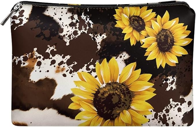 COEQINE Sunflower Cosmetic Bag for Women Leather Soft Cosmetic Bag With Black Cosmetic Purse for Travel Birthday Party Cow Print Cosmetic Purse With Zipper for Ladies Cell Phone Purse