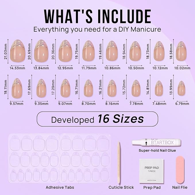 BTArtbox Short Almond Press On Nails - Aurora French Tip, Spring Glue On for Gifts, Natural Stick On in 16 Sizes - 30 Fake Nails Kit, Athena