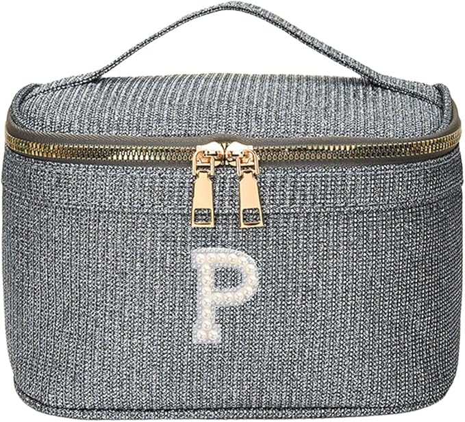 EURYNOME Makeup Bag with Custom Letter P, Water-Resistant Travel Organizer Pouch, (8.3x5.1x5.1 Inch) Cosmetic Case for Women