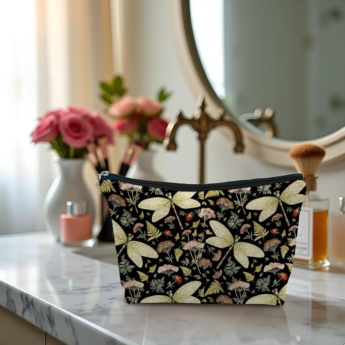 Vintage Floral Dragonfly Makeup Bag, Dragonfly Gifts Cosmetic Bags for Women, Dark Cottagecore Floral Botanical Insects Portable Travel Toiletry Bag Zipper Makeup Pouch