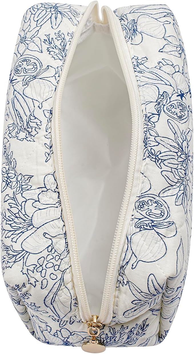 JOVAKIT Square Makeup Bag Cute Cosmetic Bag for Women, Floral Coquette Aesthetic Toiletry Bag, Zipper Make Up Pouch, Travel Make Up Organizer Bag (Blue+Navy Blue Floral)