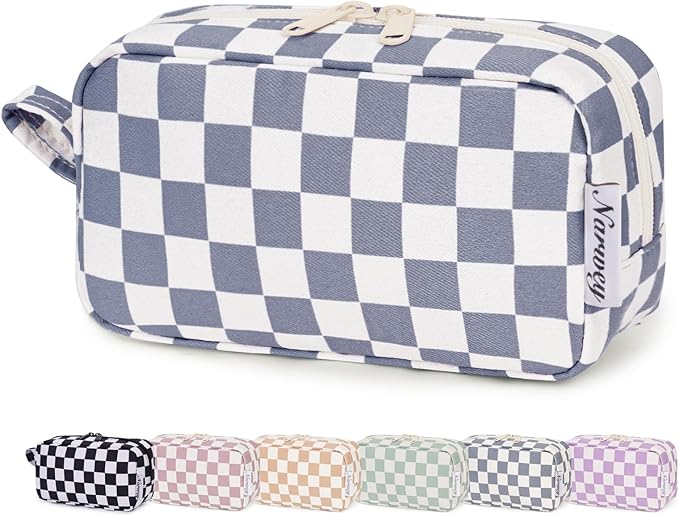 Narwey Small Checkered Makeup Bag for Purse Travel Makeup Pouch Mini Cosmetic Bag Zipper Pouch for Women (Grayish Blue Checkerboard, Small)