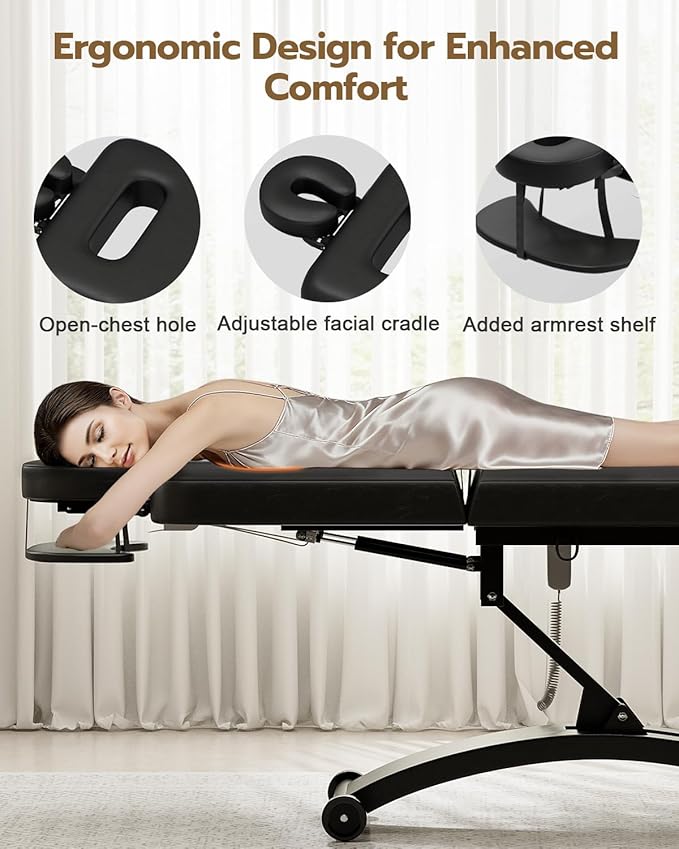 Paddie 550lbs Electric Lift Massage Table Professional for Treatment/Facial/Beauty/Spa/Physical Therapy, Adjustable Backrest/Face Cradle/Rolling Wheels, Black