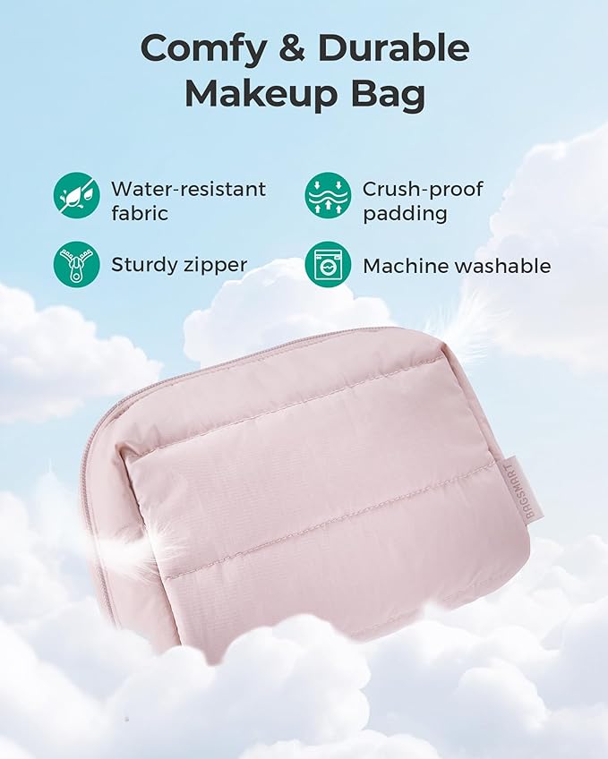 BAGSMART Cute Puffy Makeup Bag, Wide Opening Cosmetic Bag Compact & Spacious, Water-Resistant Travel Organizer Pouches for Women (Baby Blue)