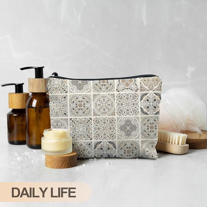 Vintage Boho Mandala Floral Makeup Bag, Ethnic Moroccan and Mediterranean Tile Cosmetic Bags for Women, Mexican Gifts for Women, Traditional Block Print Zipper Makeup Pouch