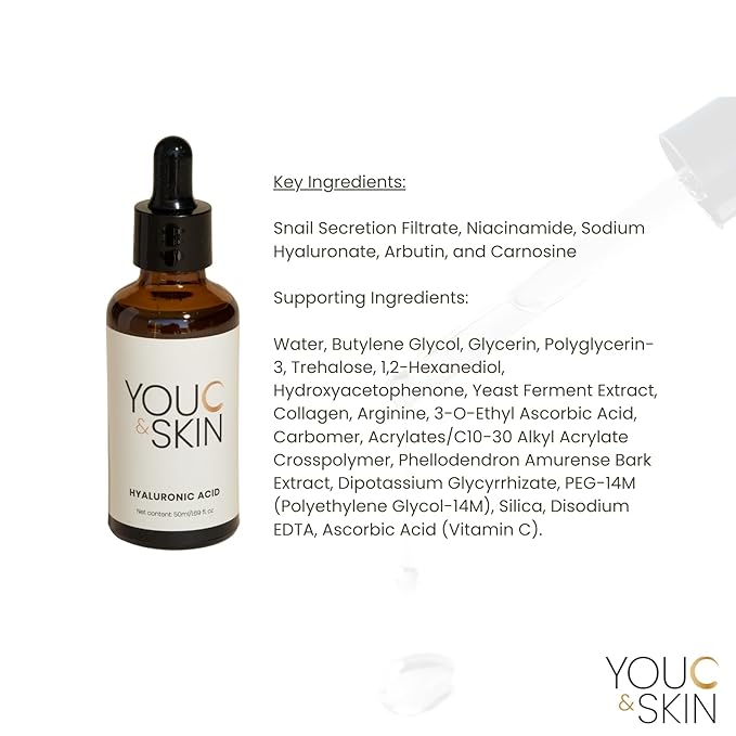 You C & Skin Hyaluronic Acid Serum 1.7 fl oz – Hydrating Face & Neck Serum for Men & Women – Moisturizes and Strengthens Skin Barrier – Lightweight, Non-Greasy Facial Serum with geniune Snail Mucin