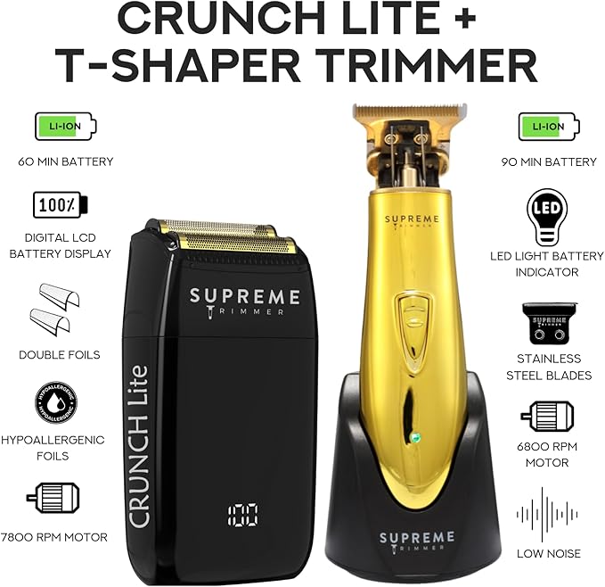 Supreme Trimmer 2-in-1 Crunch Lite Foil Shaver & T-Shaper Trimmer Set | ST5200 Beard Trimmer STF600 Electric Razor | Travel or at Home Hair Cutting Kit | Gold