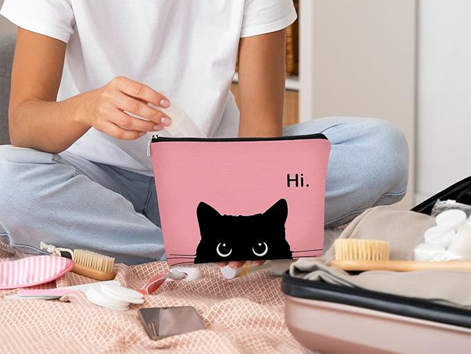 Cute Cat Makeup Bag - Black & Pink, Small Cosmetic Bag for Women & Teen Girls, Birthday Gift for Cat Lovers & Owners