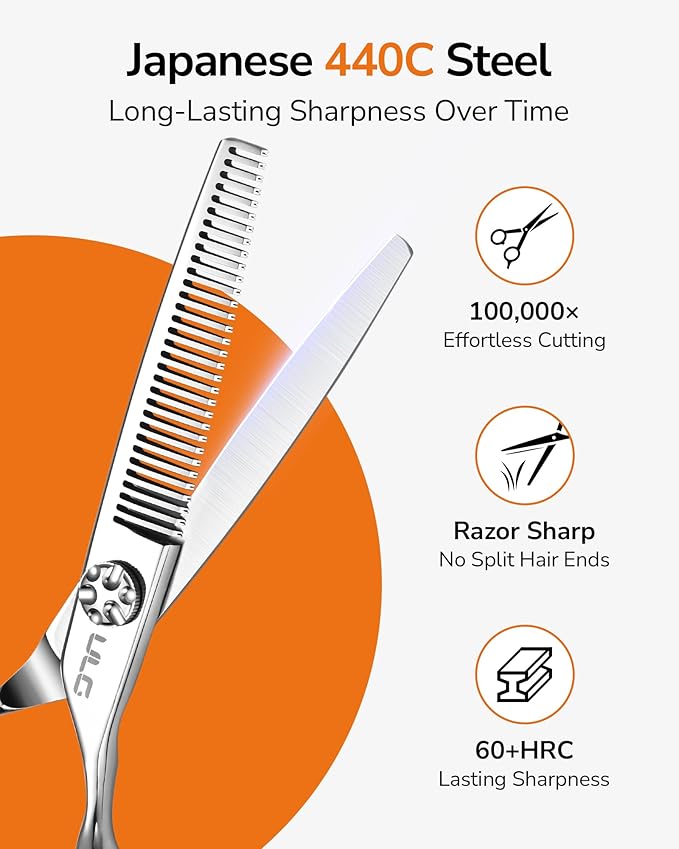 ULG Professional Hair Thinning Scissors 6.7”, Japanese 440C Stainless Steel, 32-Teeth Texturizing Shears with Adjustable Tension Screw, Ergonomic Offset Handle, Ultra Sharp Blades for Salon & Home Use