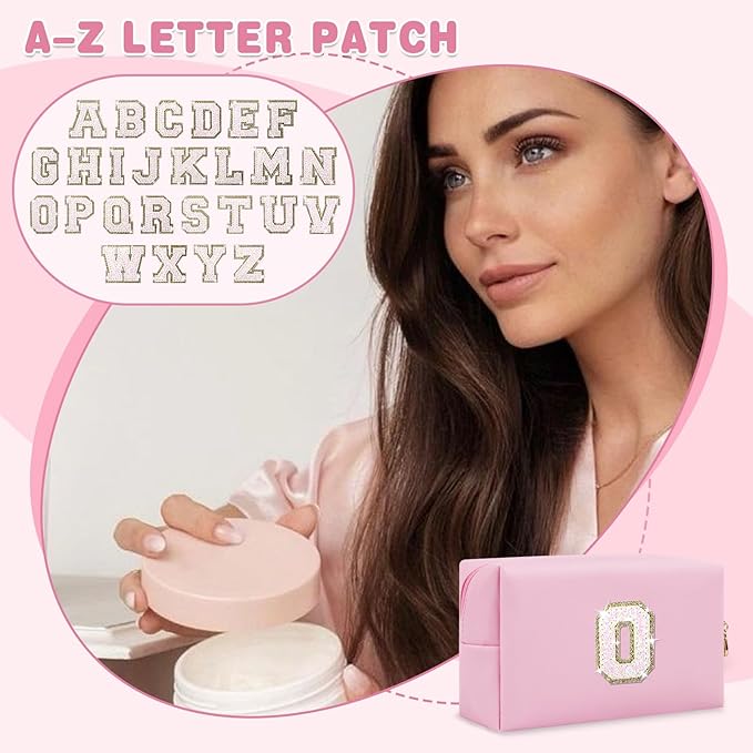 Small Personalized Initial A-Z Patch Makeup Bag,Pink Cute PU Leather Glitter Letter Cosmetic Bag for Teen Girls,Travel Toiletry Bag with Zipper,Preppy Monogrammed Birthday Gift for Daughter Niece O