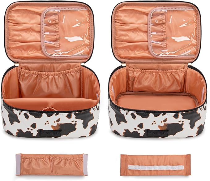 Montana West X Wrangler Travel Makeup Bag 2pcs Set Large Cosmetic Bag with Makeup Brush Holder Portable Make Up Organizer Cute Toiletry Bag with Divider and Handle for Women Cow Black
