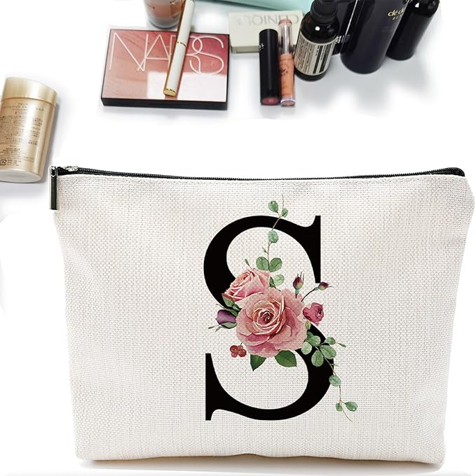 Initial A-Z Personalized Letter Makeup Bag, Monogrammed Bridesmaid Gifts/Presents Cosmetic Bag, Portable Stationery Storage Organizer Pouch, Friendship Love Travel Makeup Bags