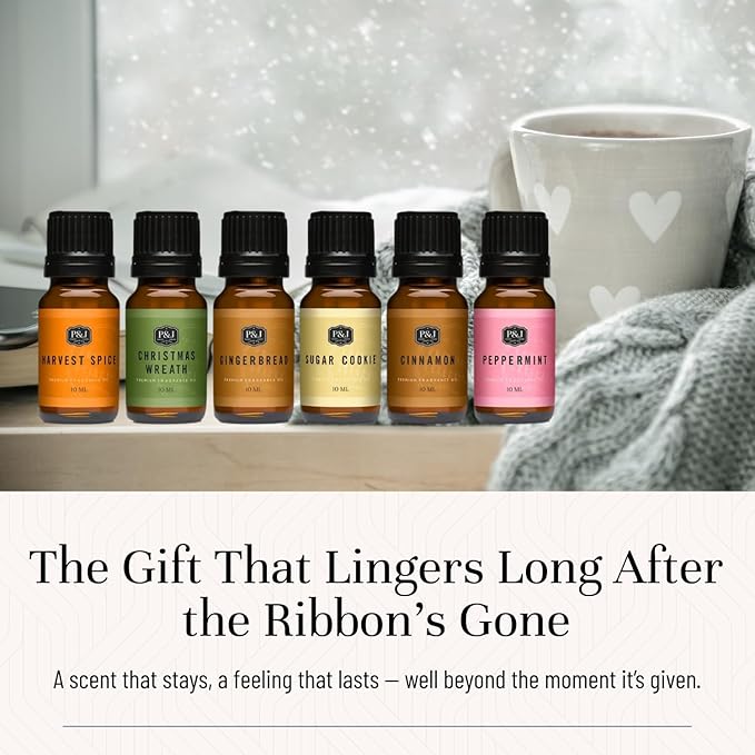 P&J Trading Fragrance Oil Winter Set | Cinnamon, Gingerbread, Sugar Cookies, Harvest Spice, Peppermint, and Christmas Wreath Candle Scents for Candle Making, Freshie Scents, Soap Making Supplies