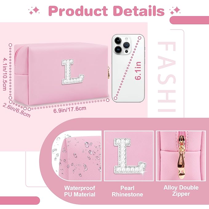 ChaoGreat Bride Gifts – Personalized Initial Makeup Bag with Pearl Rhinestone Patch, Preppy Pink Monogram Cosmetic/Toiletry Pouch, bridesmaid Gifts, Bridal Shower Gifts, Wedding Gifts, Bridal Gifts,L
