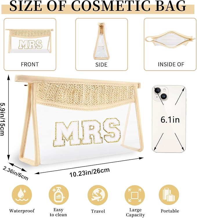 Small Boho Straw Clear Mrs Makeup Bags for Women&Girls, Zipper Cosmetic Bag Chenille Varsity Letter Patch Bag, Preppy Cute Toiletry Pouch, Trendy Organizer Storage Bag for Beach Travel Essentials