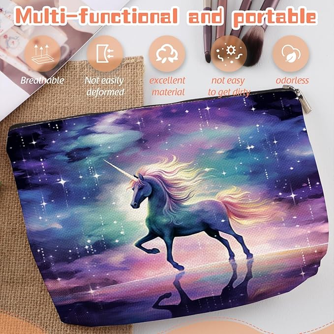Makeup Bag Travel Cosmetic Bags Small Makeup Case Waterproof Zipper Pouch for Women Girls 7X9inches - Unicorn in A Starry And Cloudy Background