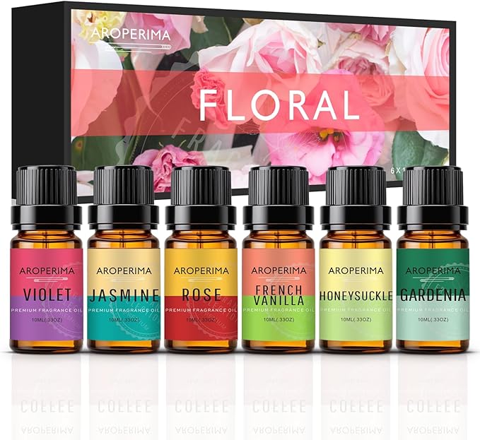 Floral Fragrance Essential Oil Set - Rose, French Vanilla, Gardenia, Honeysuckle, Jasmine, Violet 6x10ML for Diffusers, Aromatherapy, Massage, Perfume, Soap Making and Candle