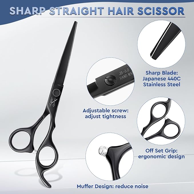 JASON Hair Cutting Scissors Set - Professional 10 PCS Haircut Scissors kit, Thinning Blender Scissors, Straight Shears with 30 Teeth for Men Women Home Salon Barber (6.5", Black) Christmas Gift