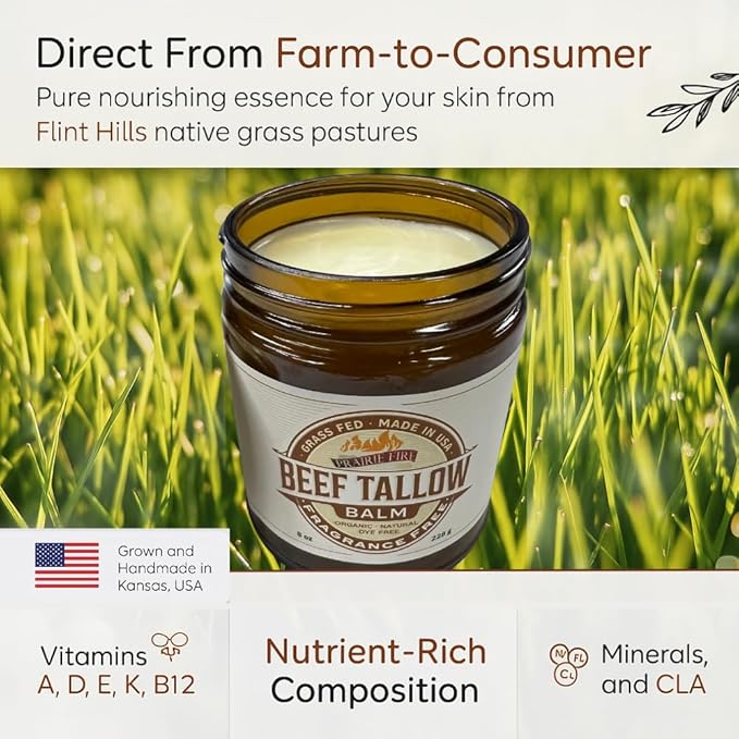 Grass Fed Beef Tallow Balm - 2 oz - Grown and Made in USA - Organic Grass Fed and Finished Tallow - Moisturizing Skin Care Fragrance Free